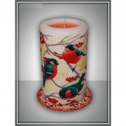 Candela-sorpresa "storie di Natale" ciuffolotti, profumato, arancione