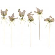 Animaletto pasquale in legno c/deco fiori e fiocco su stick.